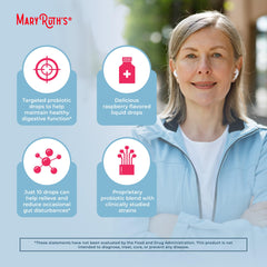 MaryRuth Organics probiotic bottle with 40+ woman lifestyle showcases targeted digestive support.