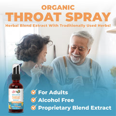 Throat spray bottle with informative text on label