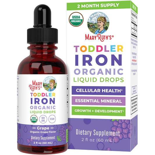 Front view of MaryRuth Organics Toddler Iron Drops grape flavor bottle