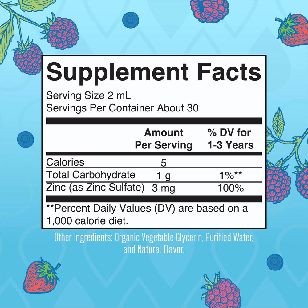 Back view showing dosage and ingredients on MaryRuth Zinc Drops bottle
