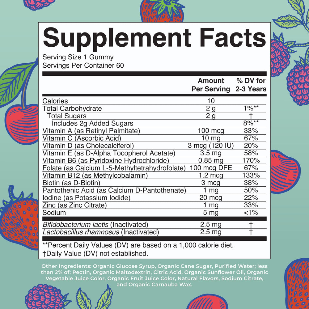 Gummies for toddlers in mixed berry and cherry flavors with postbiotics