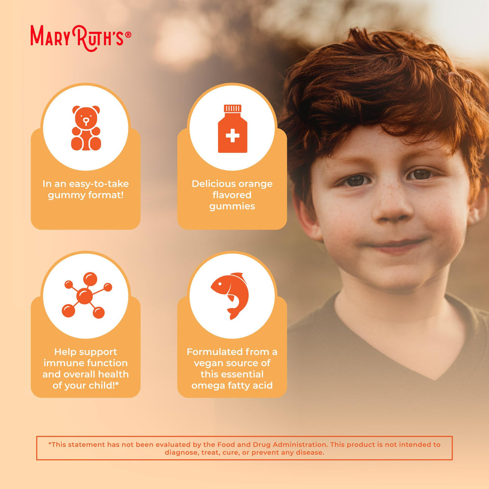 Label indicating no fish taste for kids' omega-3 gummies.