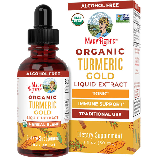 MaryRuth Turmeric Gold Liquid Drops bottle and packaging on white background
