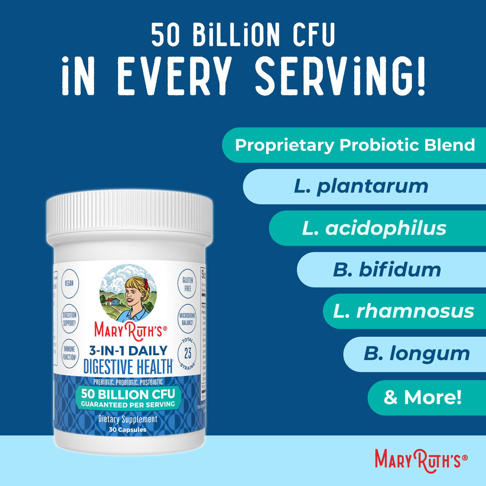 MaryRuth's 3-in-1 Probiotics bottle and label