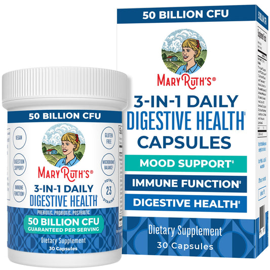 Front view of MaryRuth's 3-in-1 Probiotics bottle featuring Digestive Health benefits