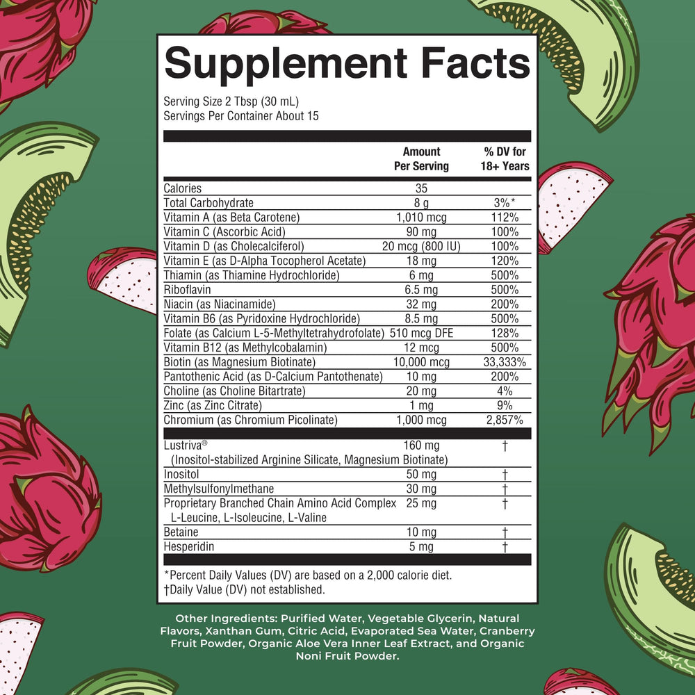 Bottle with Lustriva and Biotin 10000mcg on label