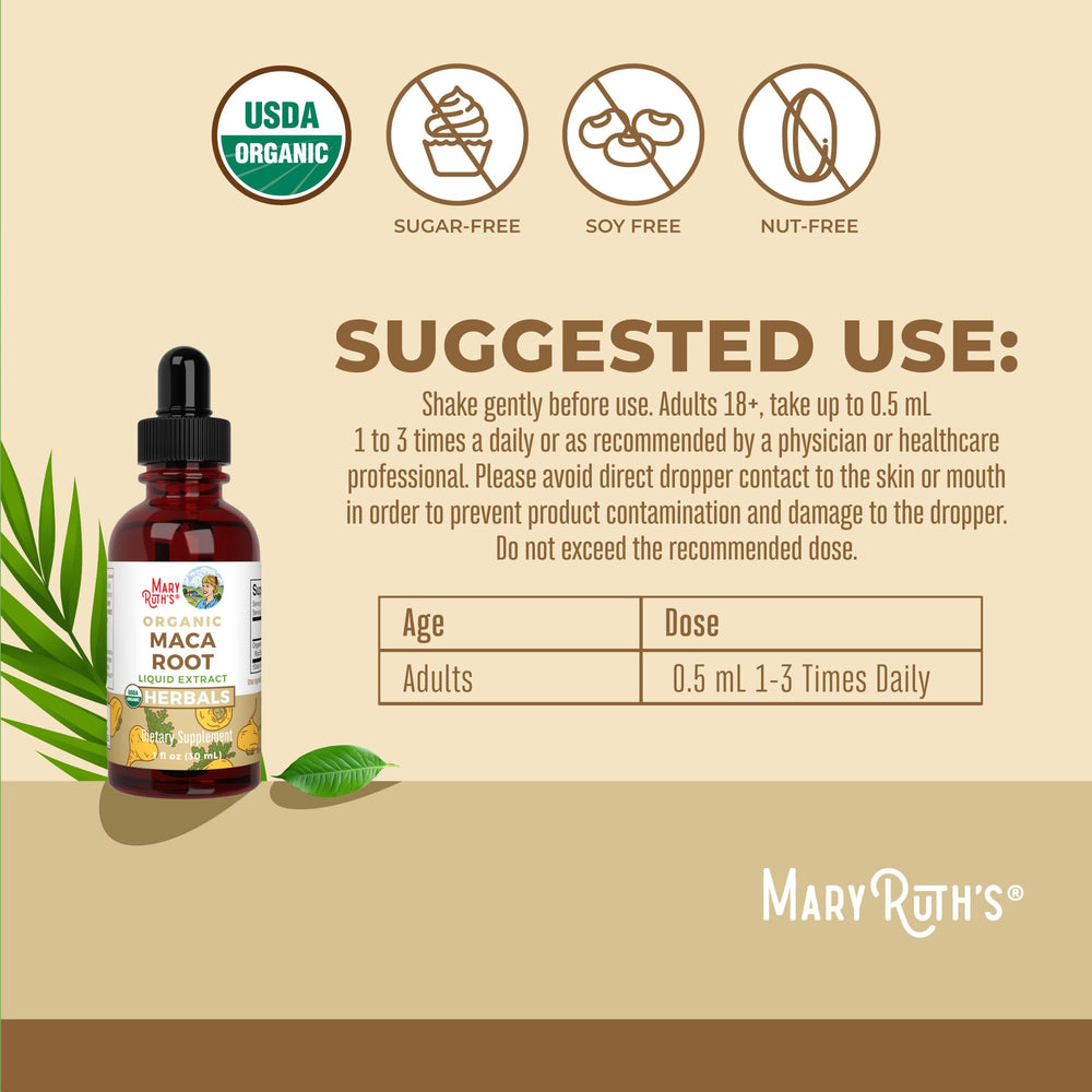 Close-up of the product label on MaryRuth's Maca Root Liquid Drops