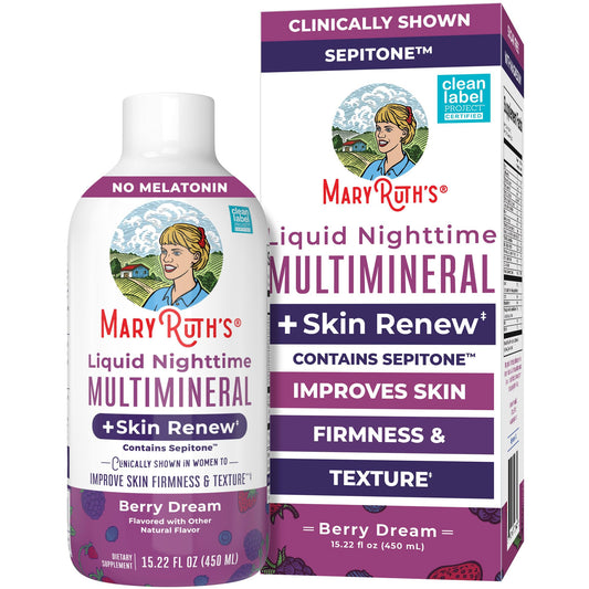 MaryRuth's Liquid Nighttime Multimineral + Skin Renew bottle on white background