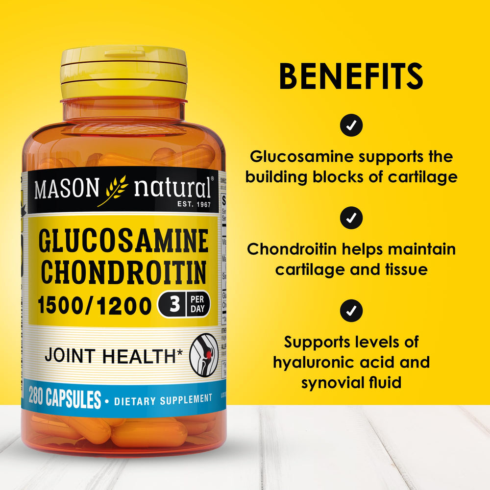 Product label highlighting 1500 mg glucosamine and 1200 mg chondroitin per dose