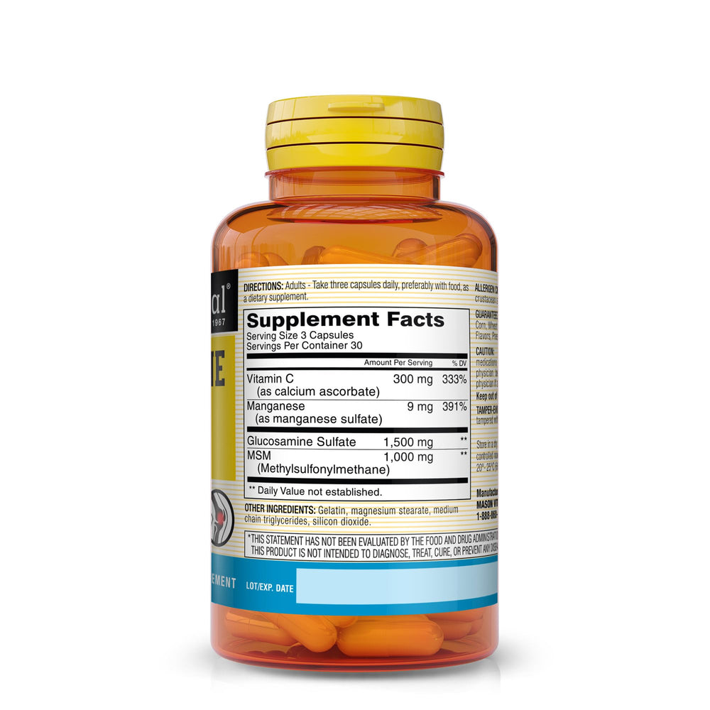 Bottle and packaging display for Mason Natural Glucosamine Complex + MSM with Vitamin C (90 capsules per bottle)