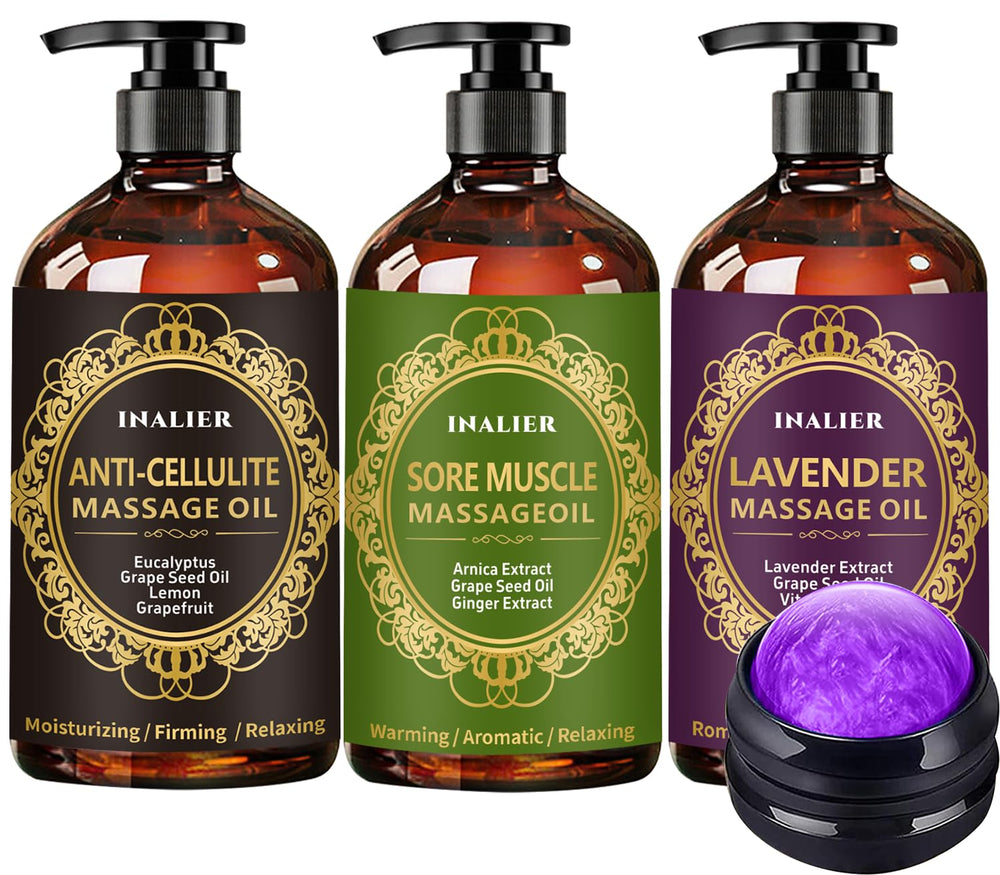 Three-bottle massage oil set with ginger, arnica, and lavender