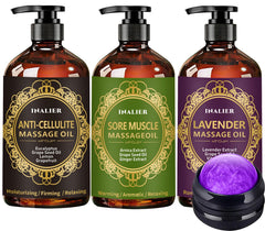 Three-bottle massage oil set with ginger, arnica, and lavender