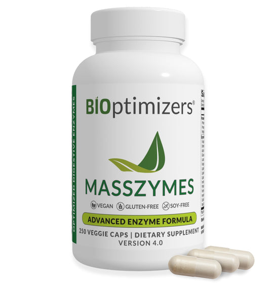 BiOptimizers MassZymes bottle with 250 capsules on a clean background