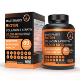 Front view of Mastermedi Biotin 20,000mcg bottle with label