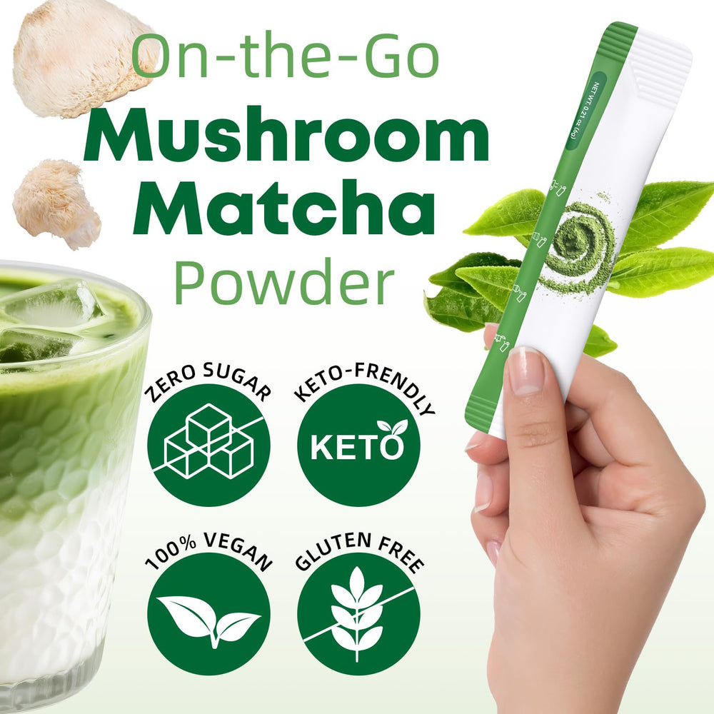 Prepared matcha latte with mushroom powder