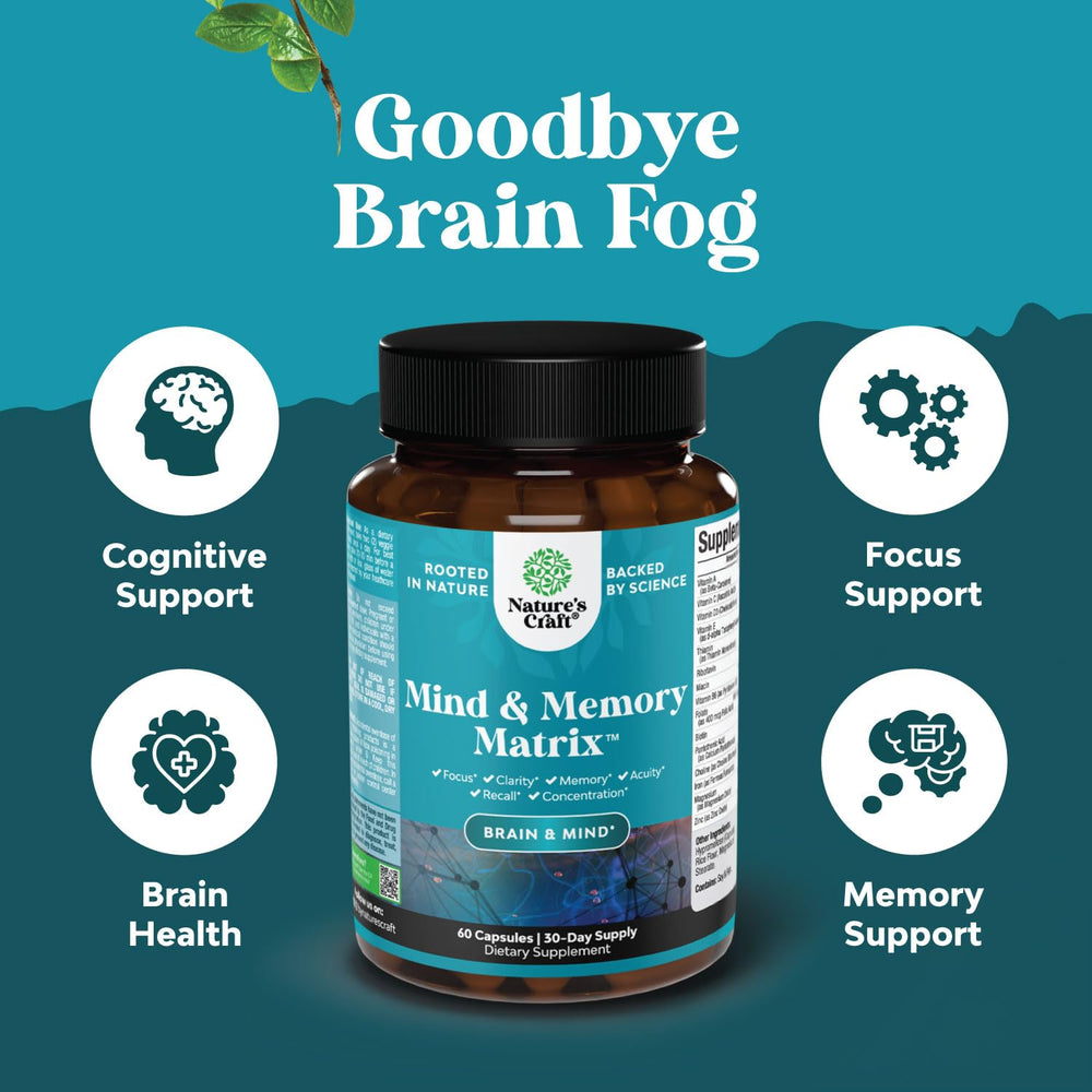 Brain illustration highlighting memory and focus enhancement