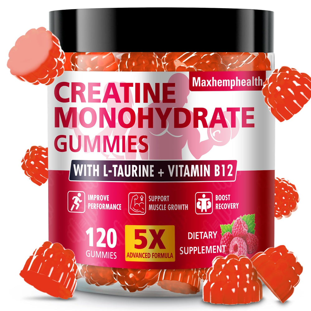 Front view of Maxhemphealth Creatine Monohydrate Gummies Raspberry bottle