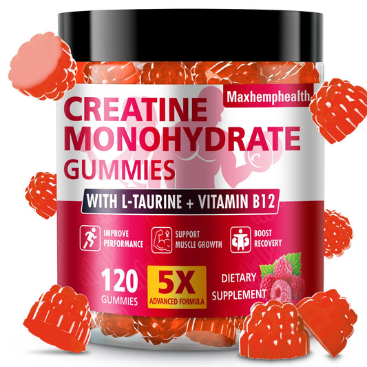 Front view of Maxhemphealth Creatine Monohydrate Gummies Raspberry bottle
