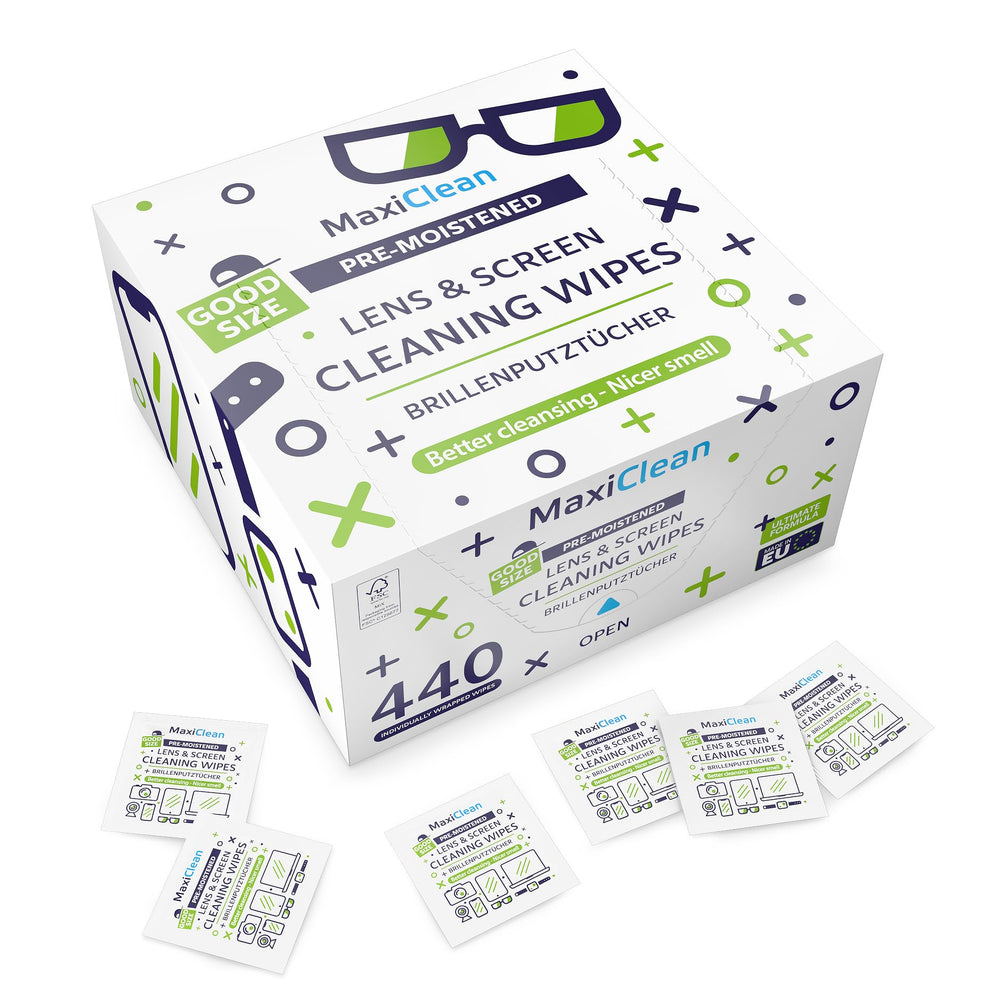 Bagged pack of MAXI CLEAN lens wipes with branding on package