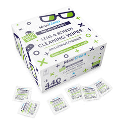 Bagged pack of MAXI CLEAN lens wipes with branding on package