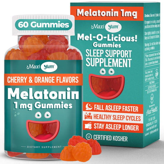 Front label of Maxi Health 1mg Melatonin Gummies with Cherry & Orange flavor