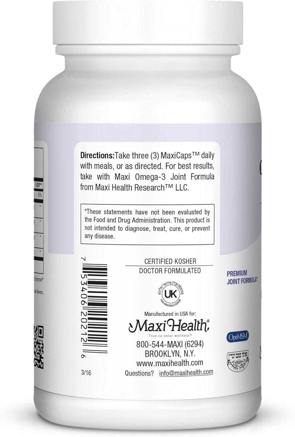 Close-up of Maxi Health Glucosamine Complex label and capsules