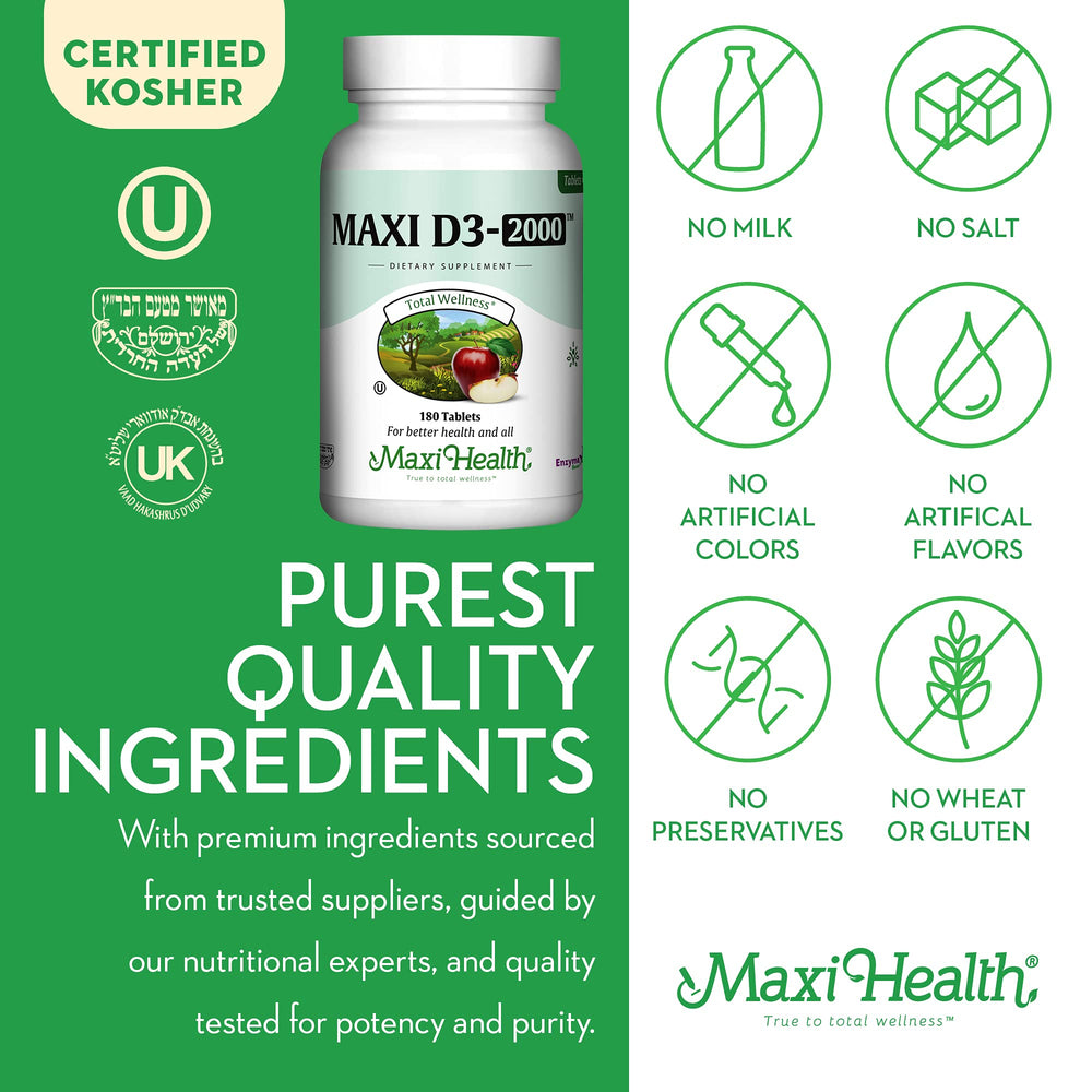 Supplement facts panel for Maxi Health Vitamin D3 2000IU