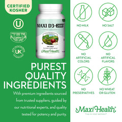 Supplement facts panel for Maxi Health Vitamin D3 2000IU
