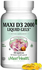 Front view of Maxi Health Kosher Vitamin D3 2000IU bottle with 180 liquid gels