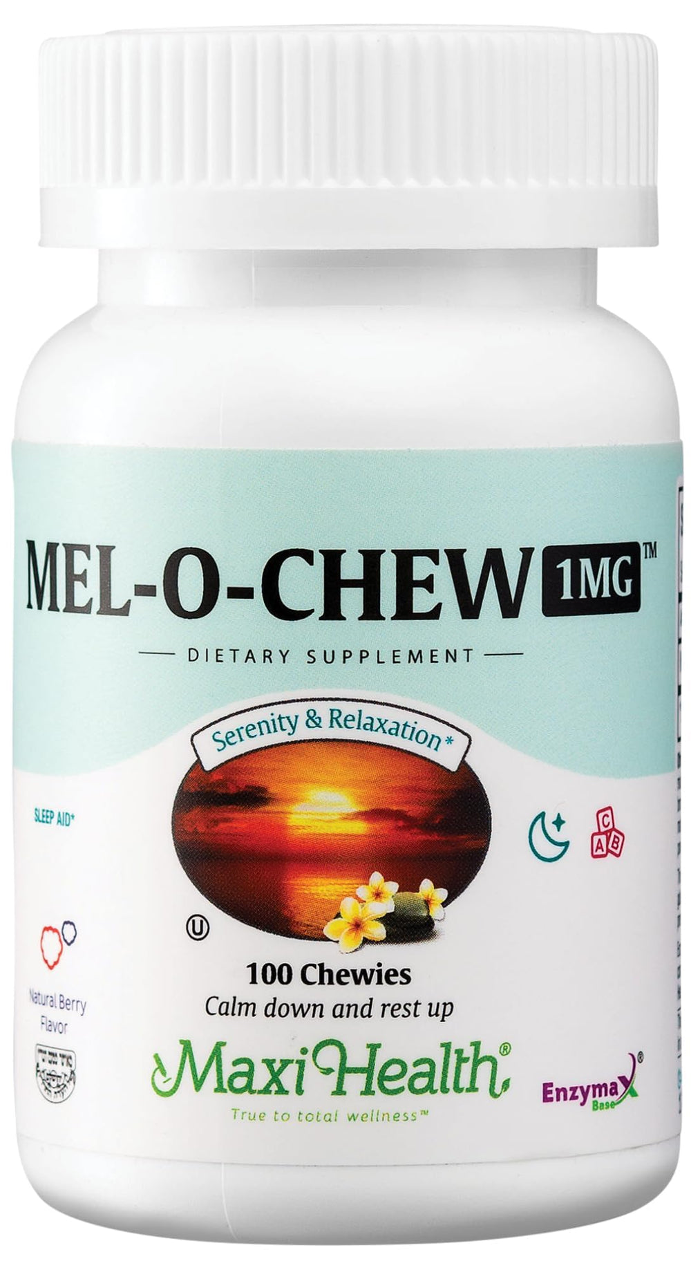 Maxi Health Mel-O-Chew 1mg melatonin bottle packaging