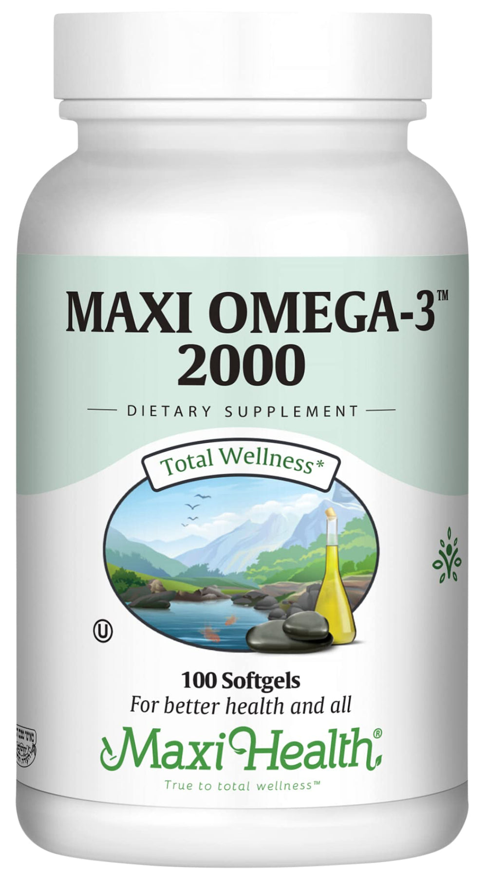 Maxi Health Omega 3 2000mg bottle with softgels