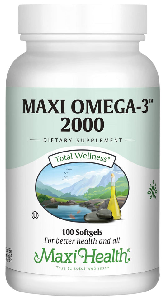 Maxi Health Omega 3 2000mg bottle with softgels