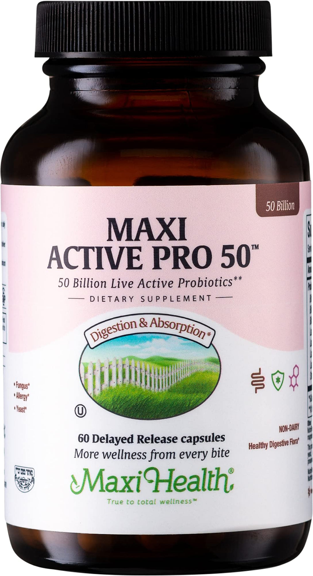 Maxi Health Probiotic Plus bottle front with 60-count capsules for daily gut support