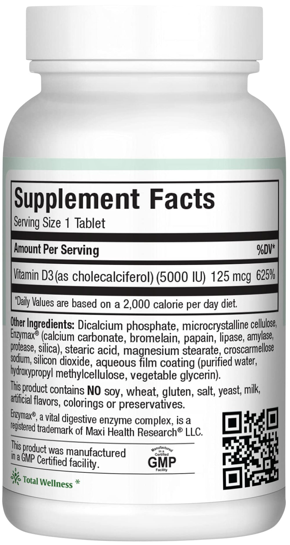 Close-up of Maxi Health Vitamin D3 5000 IU 125 mcg per tablet