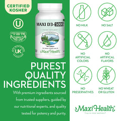Kosher-certified Maxi Health Vitamin D3 supplement label