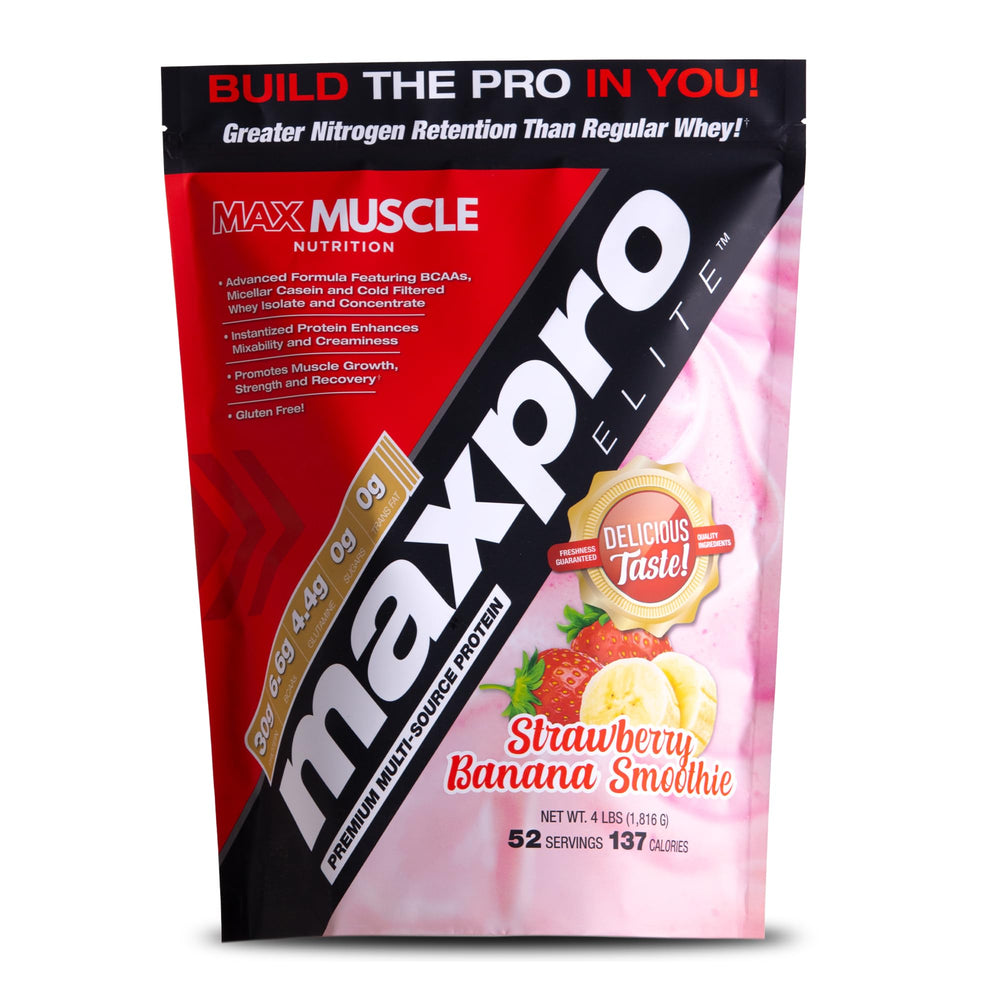 Max Muscle Maxpro Elite Whey Protein Powder Strawberry Banana 4lb – front label