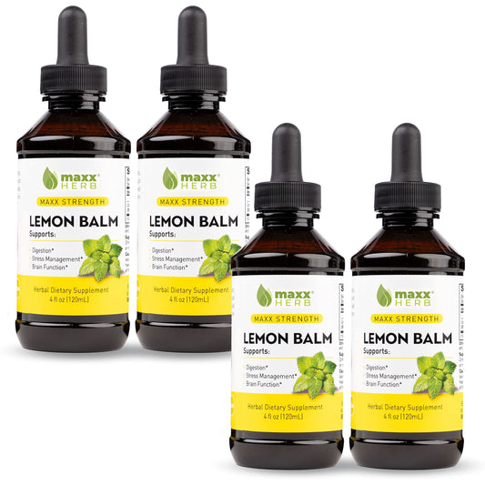 Front view of Maxx Herb Lemon Balm Extract bottles in a 4-bottle pack