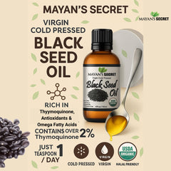 Mayan's Secret black cumin oil amber bottle ready for daily hair care shine.