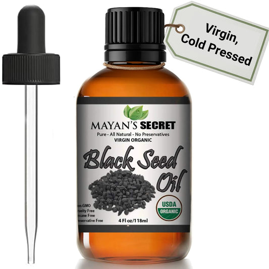 Mayan's Secret black cumin oil bottle close-up highlights premium skin nourishment.