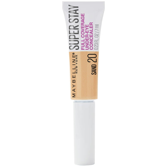 Maybelline Super Stay full-coverage concealer in Sand with paddle applicator for precise under-eye coverage.