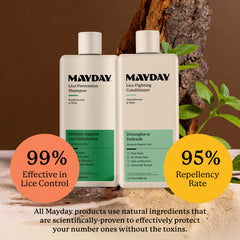 MAYDAY Lice Fighting Conditioner hair application scene suggests smoothing and detangling while defending against lice.
