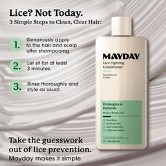 MAYDAY Lice Fighting Conditioner ingredients sandalwood-mint close-up emphasizes natural care.
