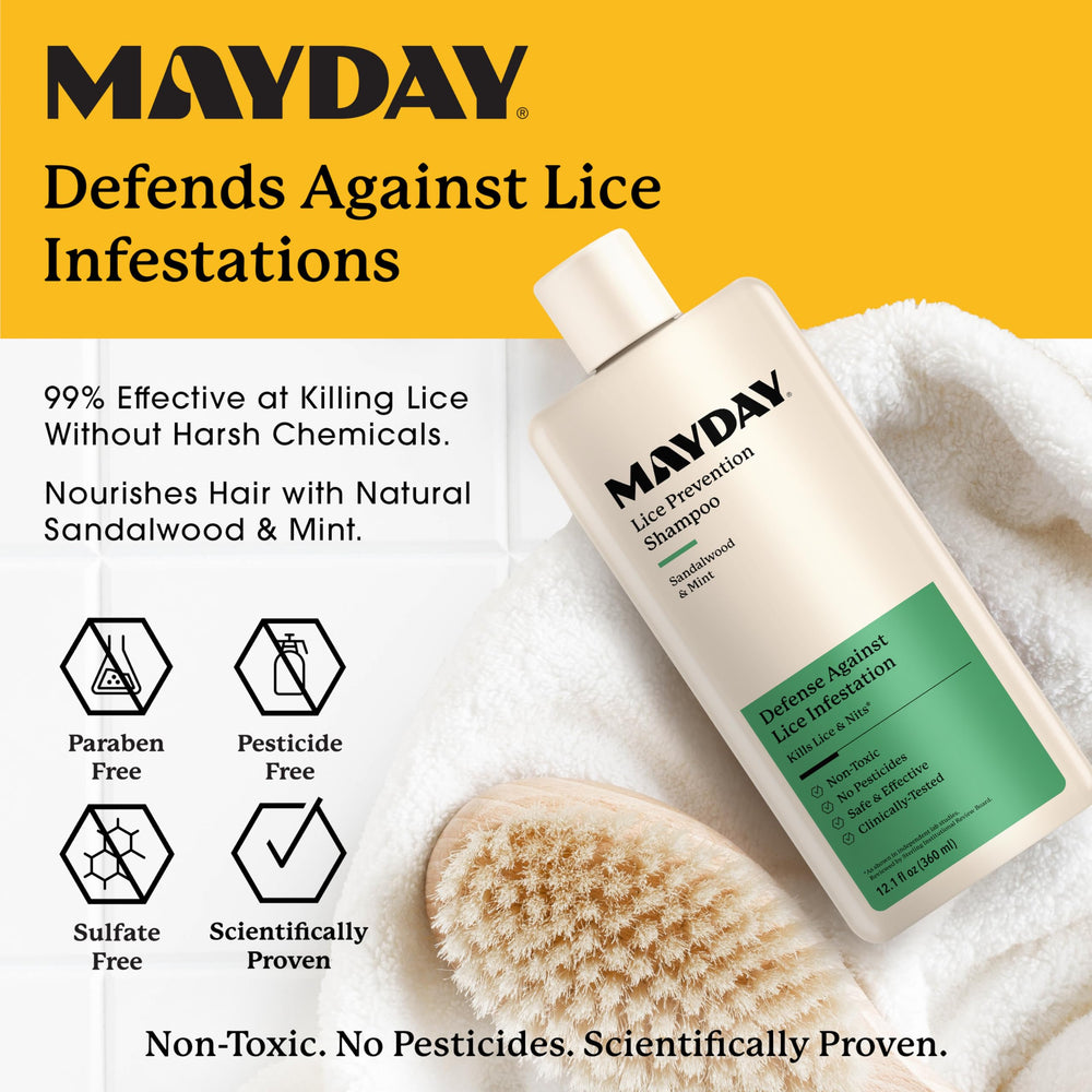 Mayday shampoo bottle front sandalwood-mint highlights a toxin-free lice shield for kids and adults.