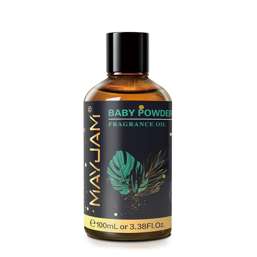 Close-up of MAYJAM Baby Powder fragrance oil bottle with glass dropper