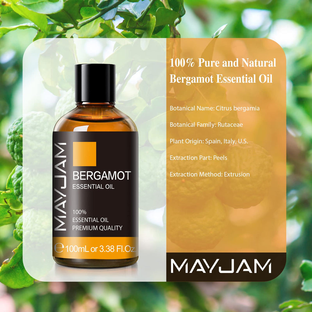 Close-up of MAYJAM Bergamot essential oil bottle with dropper