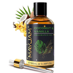 MAYJAM Coconut & Vanilla fragrance oil in a 100ml amber glass bottle with dropper.