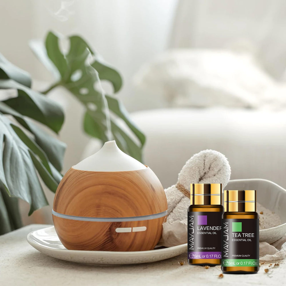 MAYJAM Essential Oil Set close-up of bottles in a variety-pack, suitable for diffusers, soaps, candles and massages.