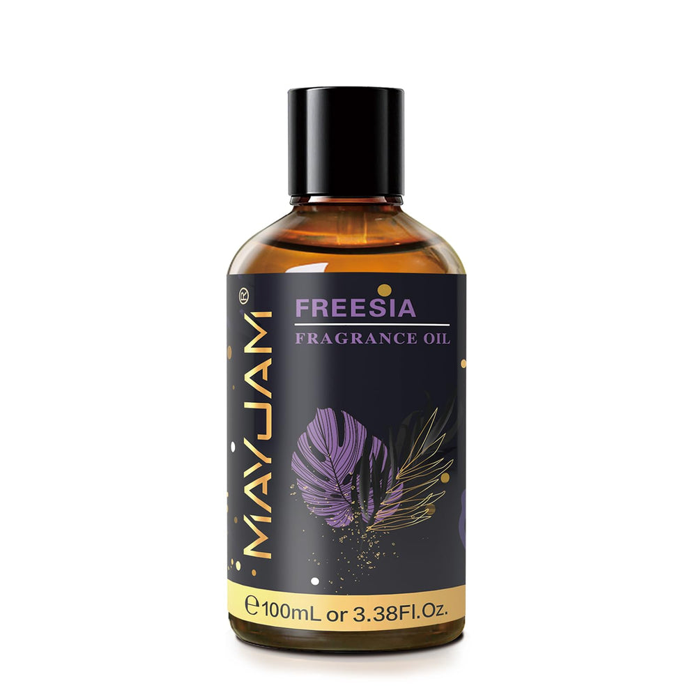 Close-up of MAYJAM Freesia fragrance oil bottle with dropper