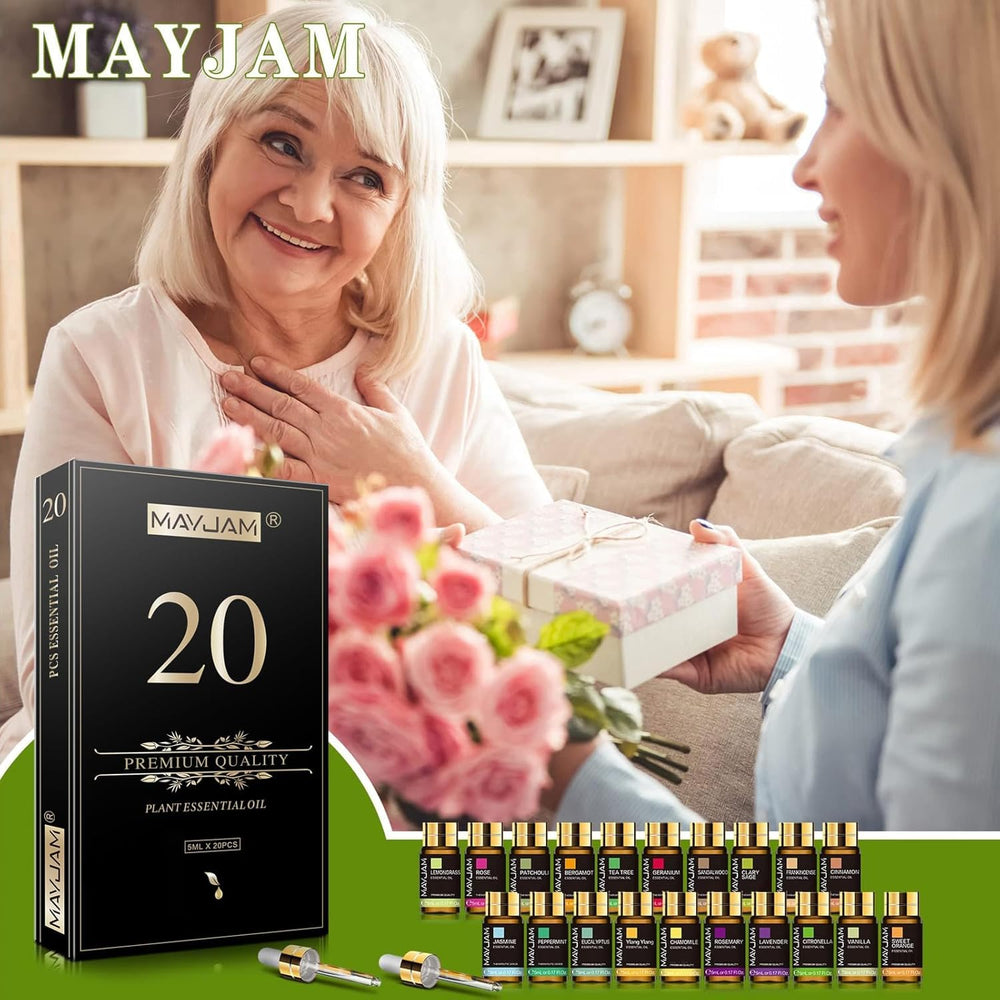 Gift box opened to reveal 20 essential oil bottles