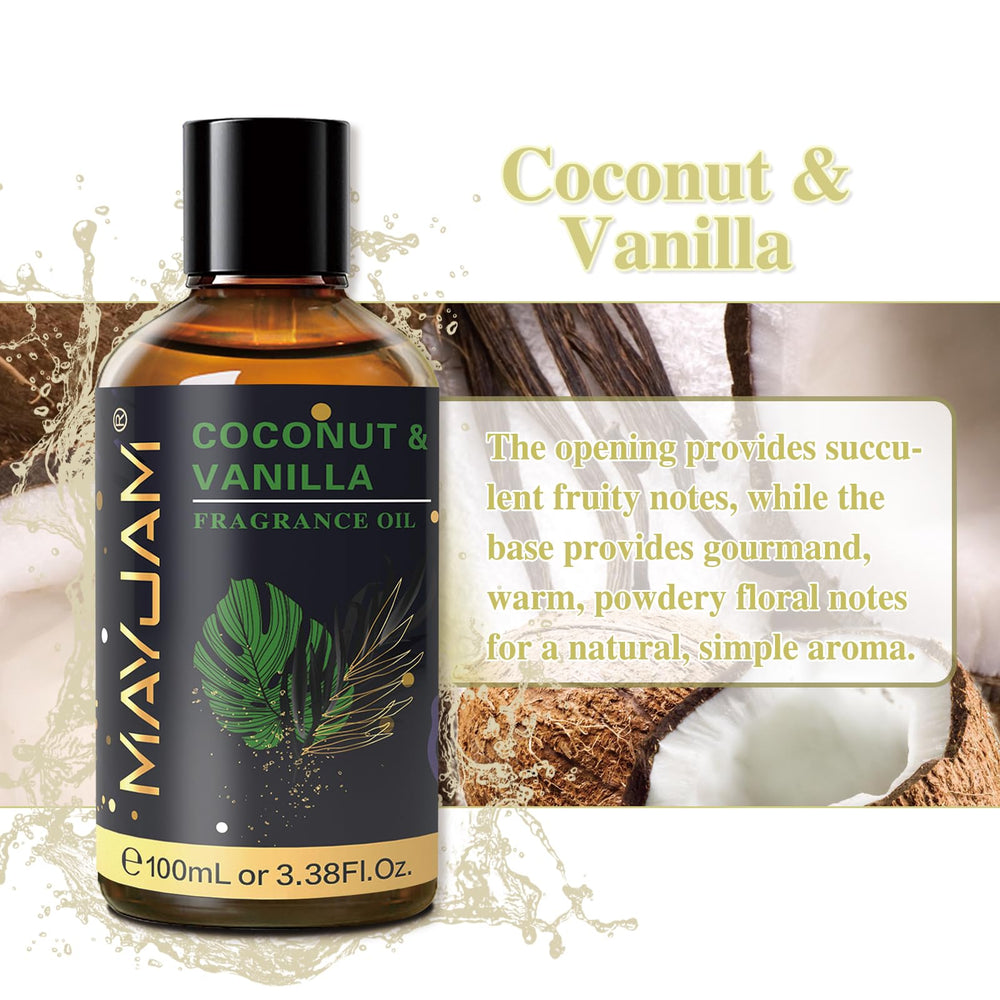 Close-up of glass dropper dispensing coconut vanilla fragrance oil